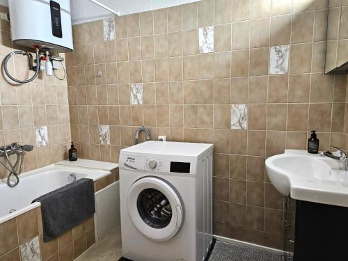 une salle de bain avec une machine à laver et un lavabo dans l'établissement Les Berges de l'Ill, à Strasbourg