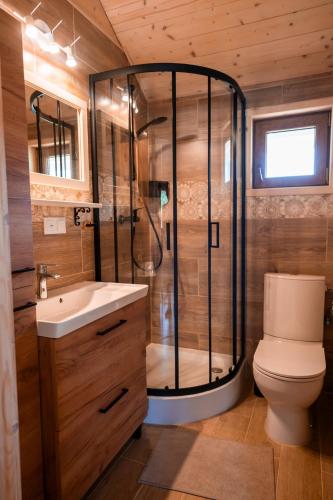 a bathroom with a shower and a toilet at Domek pod Szczelińcem in Radków