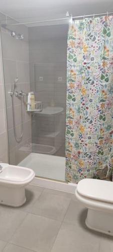 a bathroom with a shower curtain and a toilet at La caseta de Balaguer in Balaguer