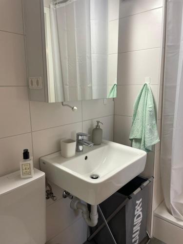 a bathroom with a white sink and a mirror at Charmante Wohnung im alten Dorfkern in Winterthur