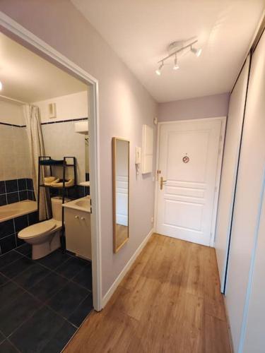 Cette chambre comprend une salle de bains pourvue d'un miroir et d'une porte. dans l'établissement Appartement Botanique, à Lille