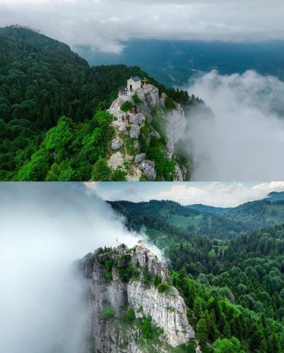 two pictures of a mountain in the mist and water at Art Racha in Ambrolauri