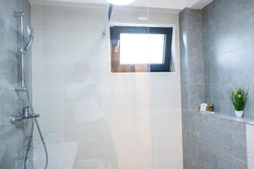 a shower with a glass door in a bathroom at Zian Apartament in Craiova