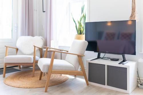 a living room with a tv and two chairs at Thuis in Sauwerd in Sauwerd