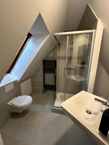 a bathroom with a toilet and a shower and a sink at Q2 Apartment Hannover Döhren mit Ausblick in Hannover