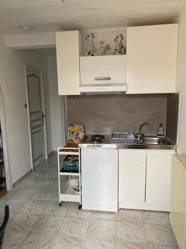 une cuisine avec des armoires blanches et un évier dans l'établissement Nature et SPA, à Pont-Saint-Esprit