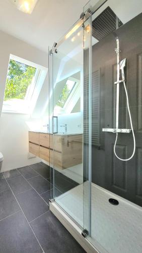 a glass shower in a bathroom with a window at Heimatliebe Neuried 20 Min zum Europa-Park in Neuried