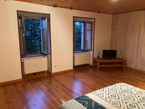 un salon vide avec deux fenêtres et une télévision dans l'établissement Relais nofeer, à Monlet
