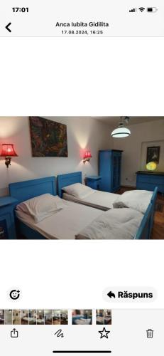 two pictures of a bedroom with two beds at Alexandra in Mediaş