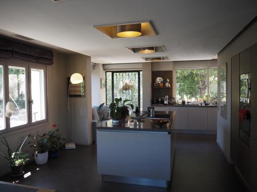 une cuisine avec un évier et un comptoir dans l'établissement Villa spacieuse, totalement adaptée aux normes PMR, à Nice