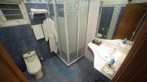 a bathroom with a shower and a toilet and a sink at Four Squares by WI Hotel in Karachi