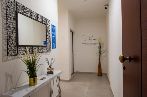 a hallway with a mirror and a table with plants at SMART Rooms Pistoia in Pistoia