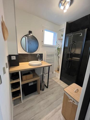 La petite salle de bains est pourvue d'un évier et d'un réfrigérateur. dans l'établissement L'écluse des Fontinettes, maison de ville atypique, à Arques