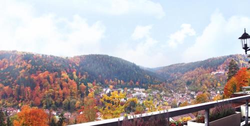a view of a town in the mountains with trees at Waldhotel Post in Bad Liebenzell