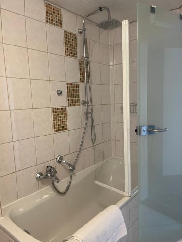 a bathroom with a shower and a bath tub at Allgäu Apartment in Memmingen