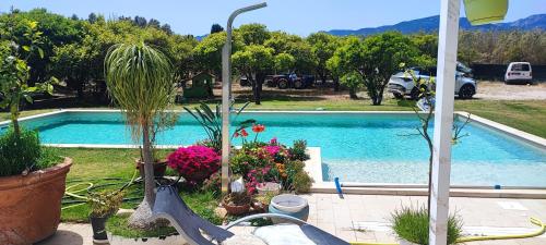 ein Swimmingpool mit Blumen und Pflanzen in einem Hof in der Unterkunft Casa in campagna in Capoterra
