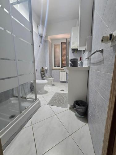 a white bathroom with a shower and a toilet at Appartamento sofí in Fiumicino