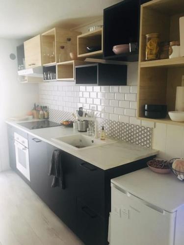 une cuisine avec un évier et un plan de travail dans l'établissement Charmant appartement calme avec terrasse, à Montrouge