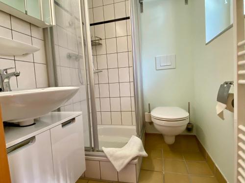 Ferienwohnung Kinnerstuw في بريرو: حمام مع مرحاض ومغسلة ودش