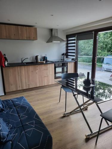 une cuisine avec une table et des chaises dans une pièce dans l'établissement Le Bellevue, à Epagny Metz-Tessy
