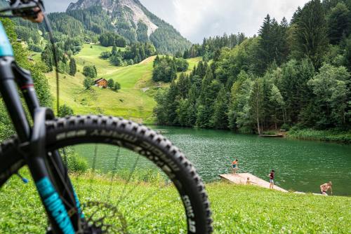 a bike parked next to a river with a mountain at hirschen dornbirn - das boutiquestyle hotel - skyrelax & wellness im rooftop in Dornbirn