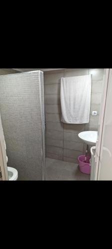 a bathroom with a shower and a toilet and a sink at Orbi residence in Angisa