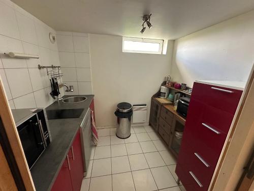 une petite cuisine avec des armoires rouges et un évier dans l'établissement Au fil de l eau, à Lahonce