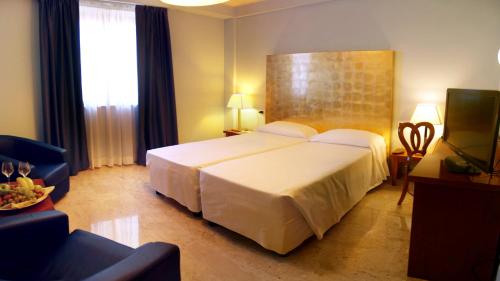 a hotel room with a large bed and a television at Hotel Terme Marine Leopoldo II TERME & SPA in Marina di Grosseto