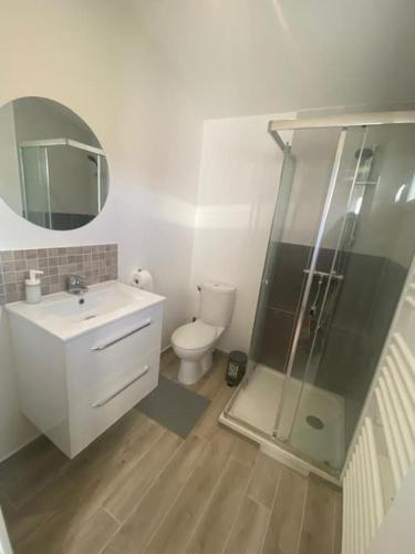 une salle de bain avec toilettes, lavabo et miroir dans l'établissement Résidence ROZ 1, à Massy