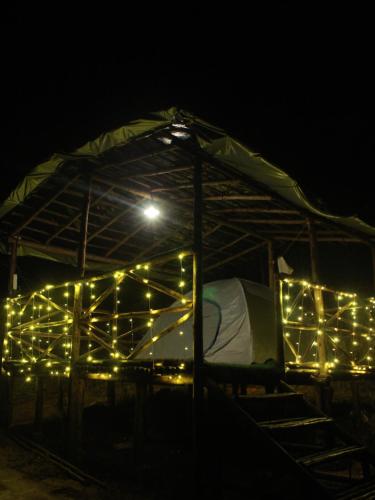 a tent covered in lights in the dark at Hazy Mount Vattavada in Kottakamboor