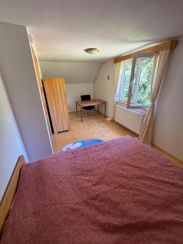 a bedroom with a bed and a desk and a window at Vacation House Lunca Bradului in Lunca Bradului