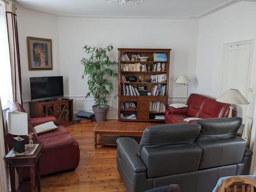 un salon avec un canapé et une télévision dans l'établissement Grande maison de ville avec jardin - Baie du Mont St Michel, à Avranches