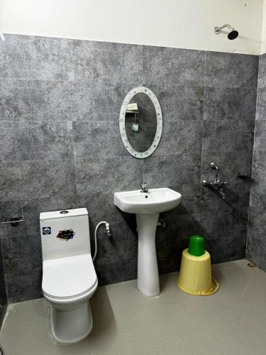 a bathroom with a sink and a toilet and a mirror at Dreamland Dhaba & Homestay in Kāziranga