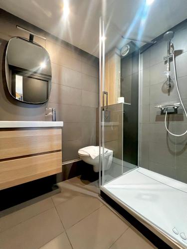 une salle de bain avec douche, toilettes et miroir dans l'établissement LArsenal avec parking, centre de Rennes, à Rennes