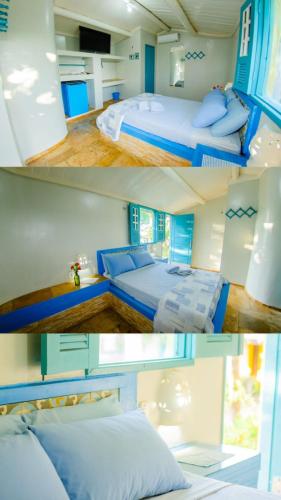 two different pictures of a bedroom with two beds at Barbanera Club & Hotel de Charme in Caucaia