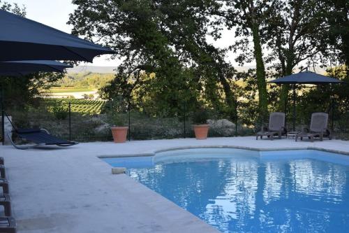 une piscine avec deux chaises et un parasol dans l'établissement Moulin des Gypses Gîte l'Oliveraie, à Mormoiron