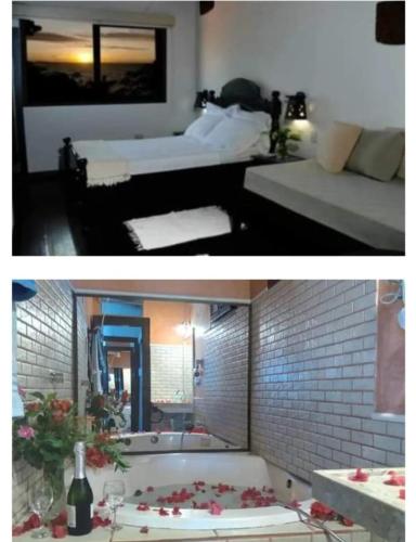 two pictures of a room with a bathtub and a bedroom at Barbanera Club & Hotel de Charme in Caucaia