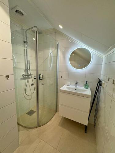 a bathroom with a shower and a sink at Loft Apartment in Stranda