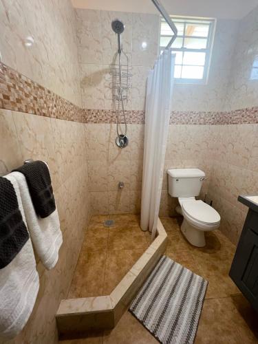 a bathroom with a toilet and a shower with a shower curtain at Bliss Oasis Hideaway in Buccoo