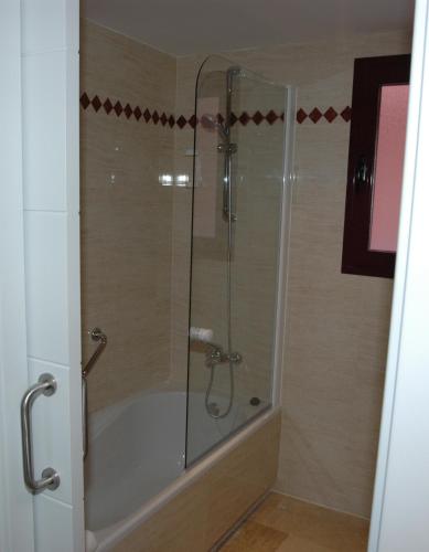 a shower with a glass door in a bathroom at Apartamentos Manilva Green in Manilva