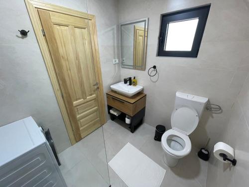 une salle de bain avec toilettes, lavabo et miroir dans l'établissement Monntana Zabljak, à Žabljak