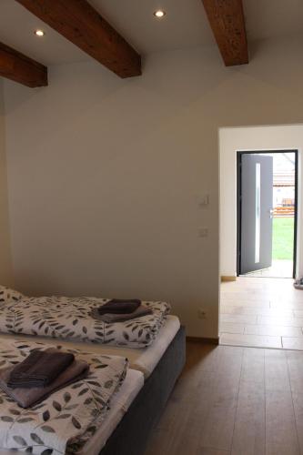 a bedroom with two beds and a door to a field at Weingut Thomas Brandl in Strass