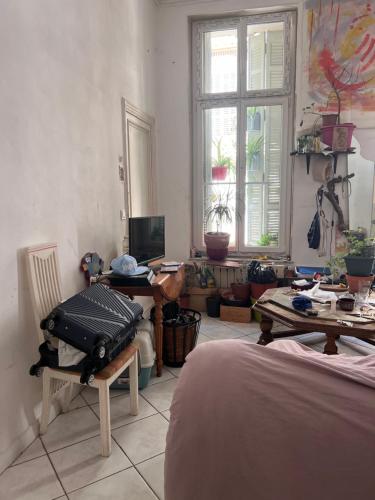 Cette chambre comprend un lit et un bureau avec un ordinateur. dans l'établissement Grand Appartement rue du loisir, à Marseille