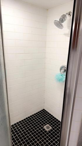 a bathroom with a shower with a black tile floor at Spacious basement apartment in Montréal
