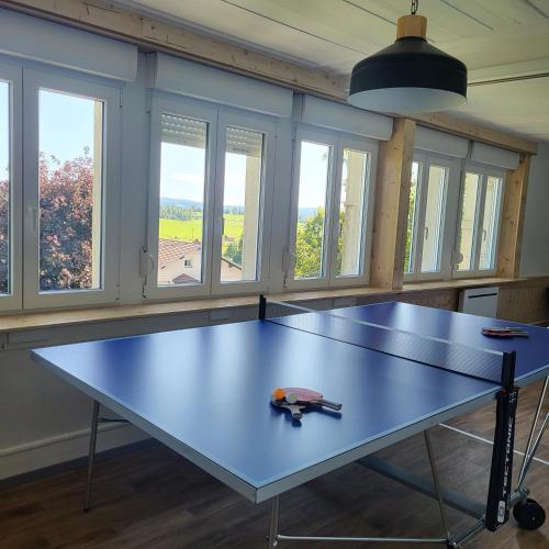 - une table de ping-pong dans une pièce avec fenêtres dans l'établissement La maison horlogère , spas et bain nordique, à Les Fontenelles