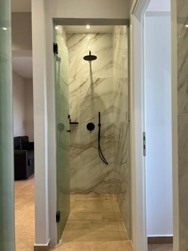 a walk in shower with a marble wall at Modern Living Kefalonia in Lakíthra