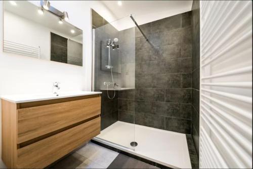 a bathroom with a shower and a sink at Maison villageoise Les Nobles Carrières in Frasnes