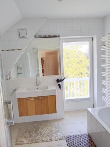 a bathroom with a sink and a large mirror at Country Residence near Vienna in Stillfried