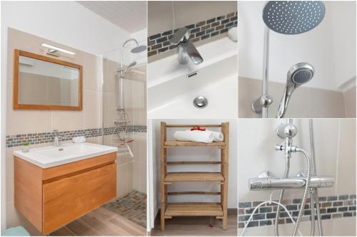two images of a bathroom with a sink and a shower at Maison Bel Colibri - Calme, Spacieux in Quartier la Monnerot