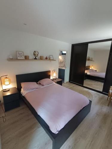 une chambre avec un grand lit et un grand miroir dans l'établissement Maison - Jacuzzi Jardin Parking proche Paris & CDG, à Drancy